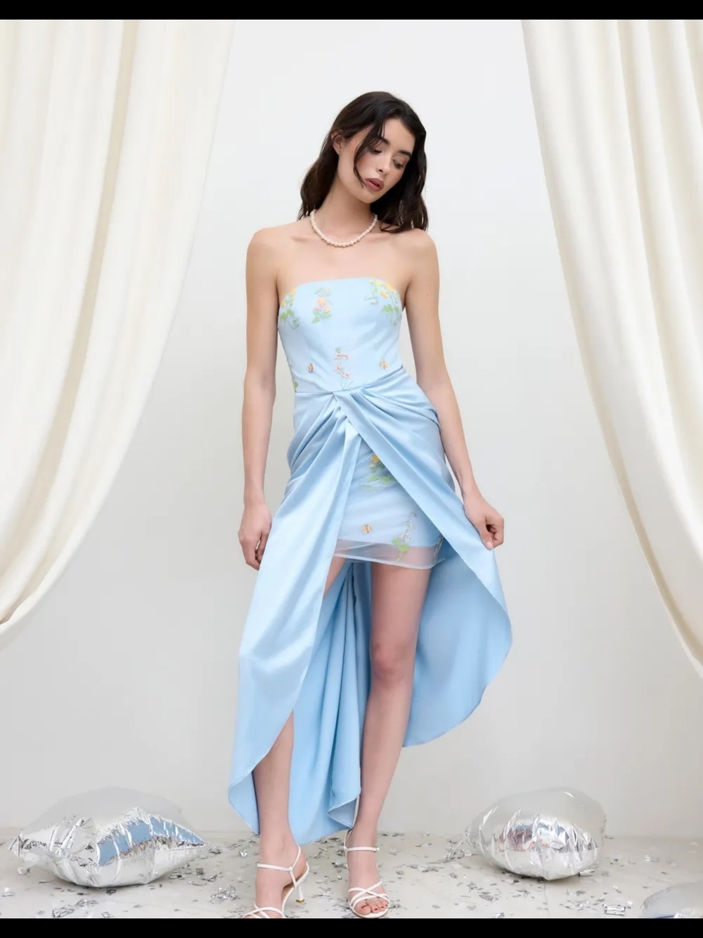 Strapless Light Blue Draped High-Low Dress